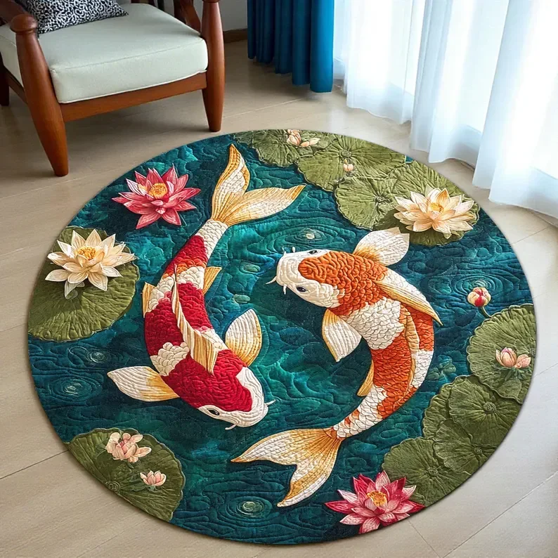 

Круглый ковер кои, визуальный 3D ковер с прудом лотоса, восточный японский декоративный напольный коврик для гостиной и спальни, ковер