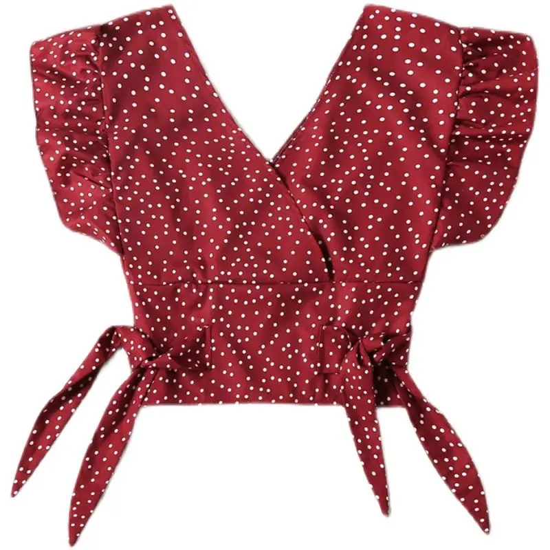 Blusa Cropped Fena Slim Fit com Estampa de Poá, Manga Curta, Estilo Urbano, Decote V, Patchwork Floral, Estilo Europeu e ...