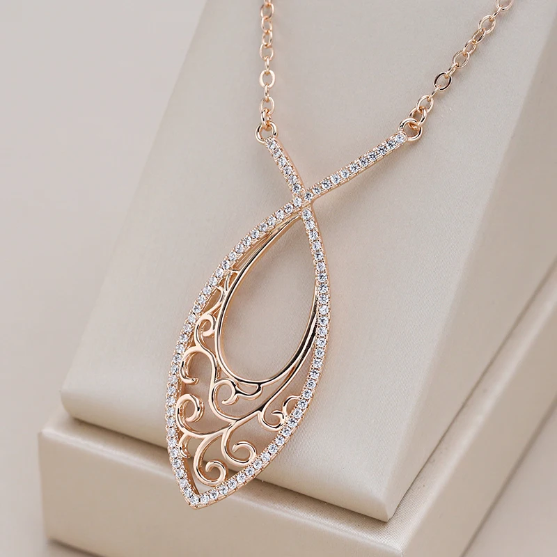 Kinel Hot Trend 585 Rose Gold Color Pendant Necklaces For Women Natural Zircon Accessories Hollow Flower Pendant Vintage Jewelry