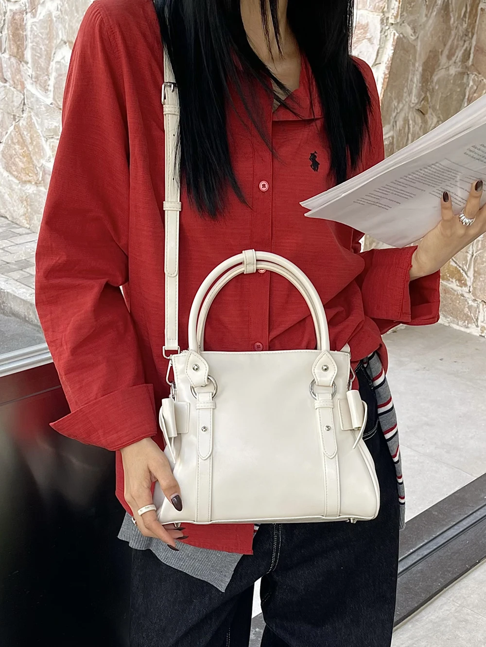 Korean-Style Gentle Style Bow-Decorated Tote Bag, Chocolate-Colored Vintage Commuter Handbag, Women's High-End Workplace Shoulder Crossbody Bag