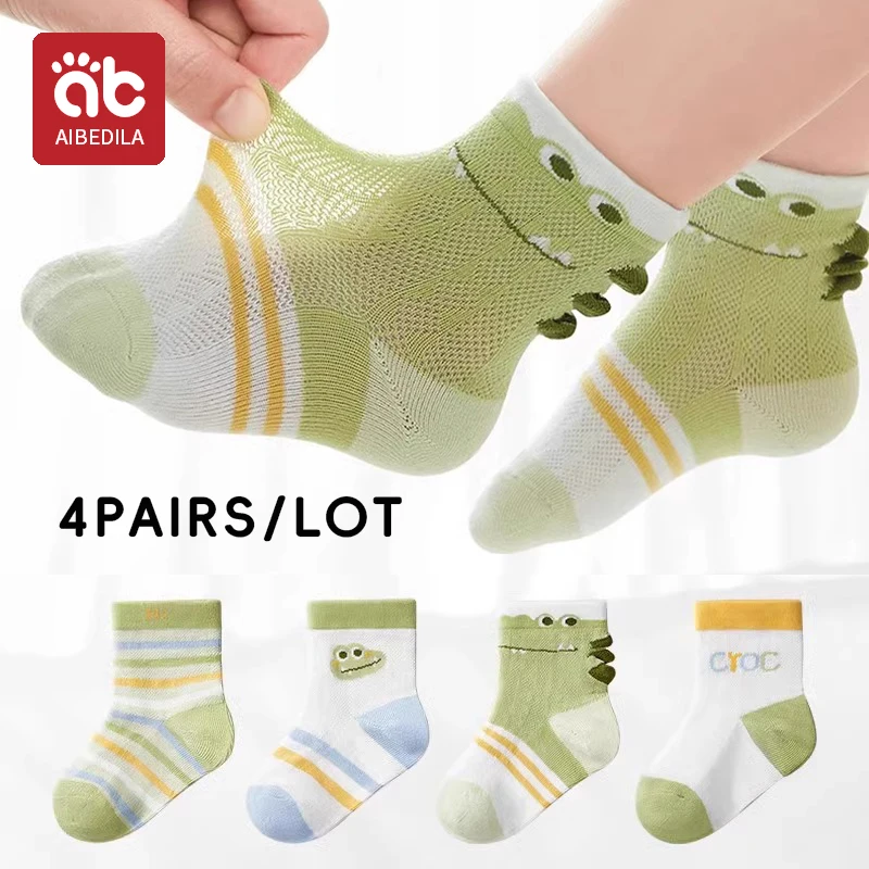 

AIBEDILA 4 Pairs Kids Soft Cotton Socks Boy Girl Baby Infant Fashion Stripe Breathable Spring Summer 0-6 Y Children Cartoon Sock