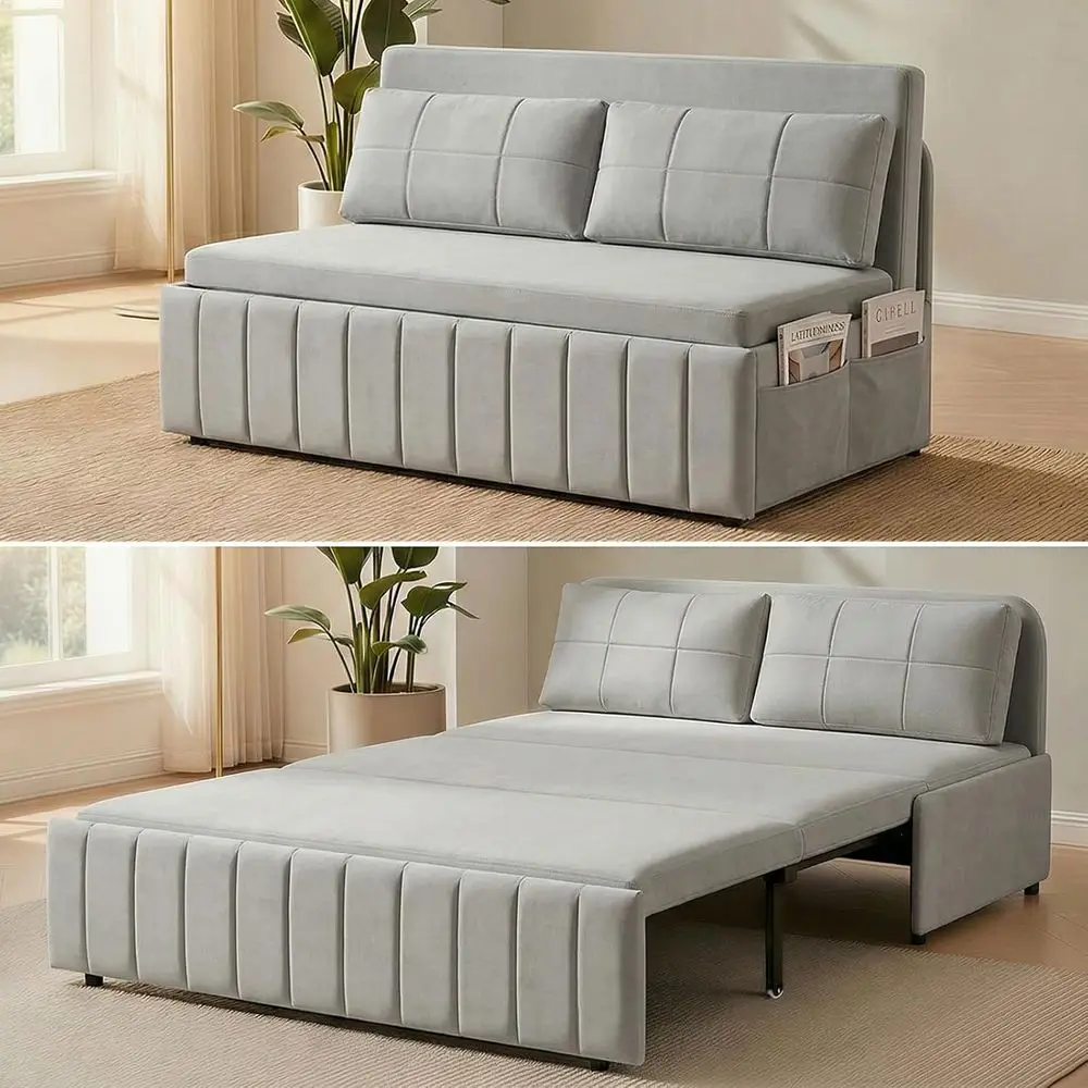 

Grayish Blue 64 Queen Size Convertible Sofa Sleeper with Pull-Out Bed and Side Storage