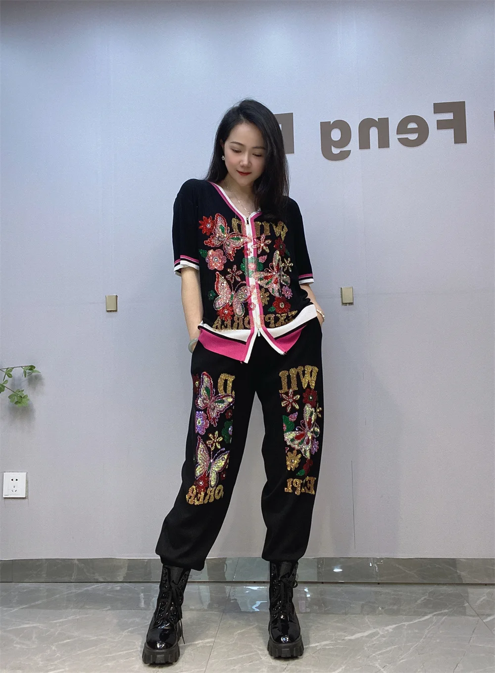 Women Butterfly Sequins Knitted Zipper Two Piece Set Tracksuit Women Spring Autumn Casual Loose Pencil Pant Sets