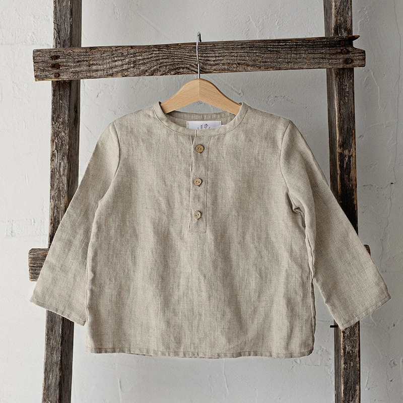 Casual Daily Cotton And Linen Children\'s Shirt 2024 Autumn New Retro Mori Buttons Long-Sleeved Shirts Boys And Girls Clothing