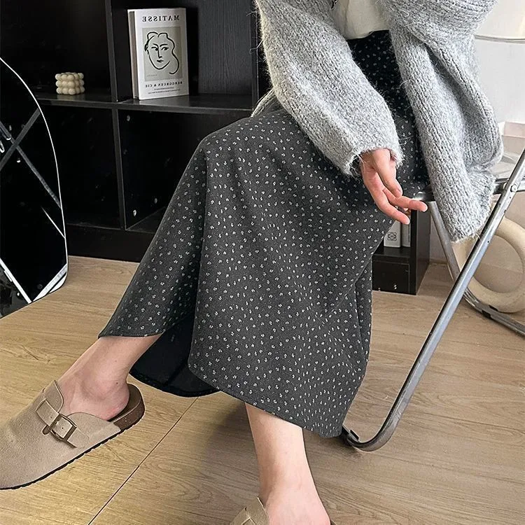 Elegant Floral Polka Dot Gray Midi Skirt For Women Harajuku Retro Loose Big Swing Umbrella Skirts Spring Casual Office Commut