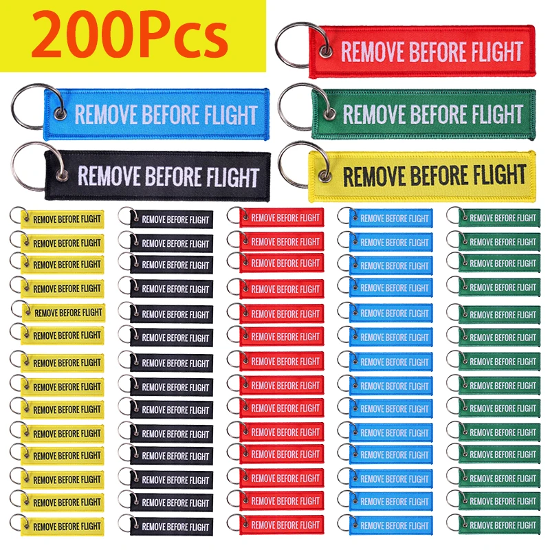 

200Pcs Remove Before Flight Fashion Tags Keychain Keyring Rectangle Polyester Embroidery Message