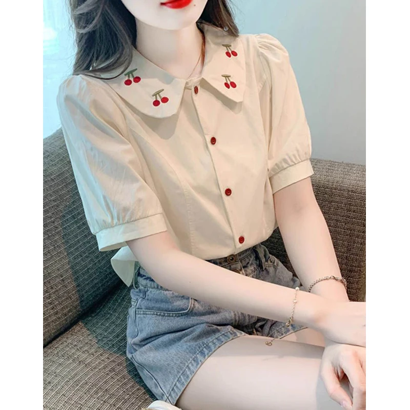 Womens Trendy Vintage Kawaii Embroidery Button Up Shirt Summer Peter Pan Collar Short Sleeve Blouse Female Casual Slim Chic Tops