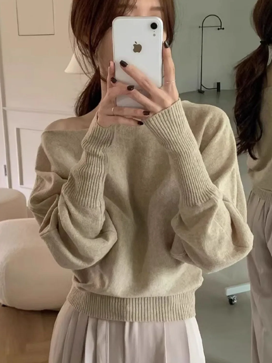 

Вязаный свитер-фонарь со свободной талией в стиле ретро, женский осенний новый круглый открытый кардиган, облегающий топ от других материалов