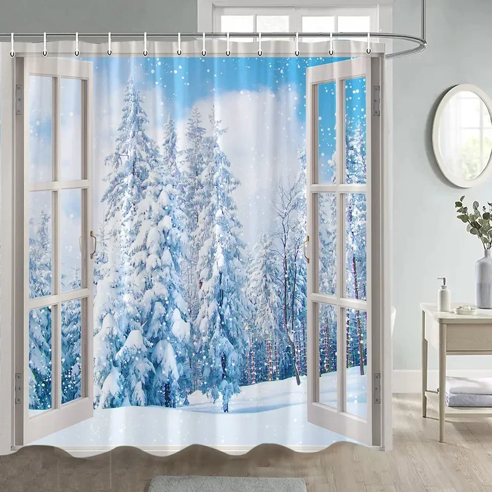 Winter Forest Landscape Shower Curtain White Window Cedar Trees Nature Snowy Scenery Bathroom Curtains Fabric Decor with Hooks