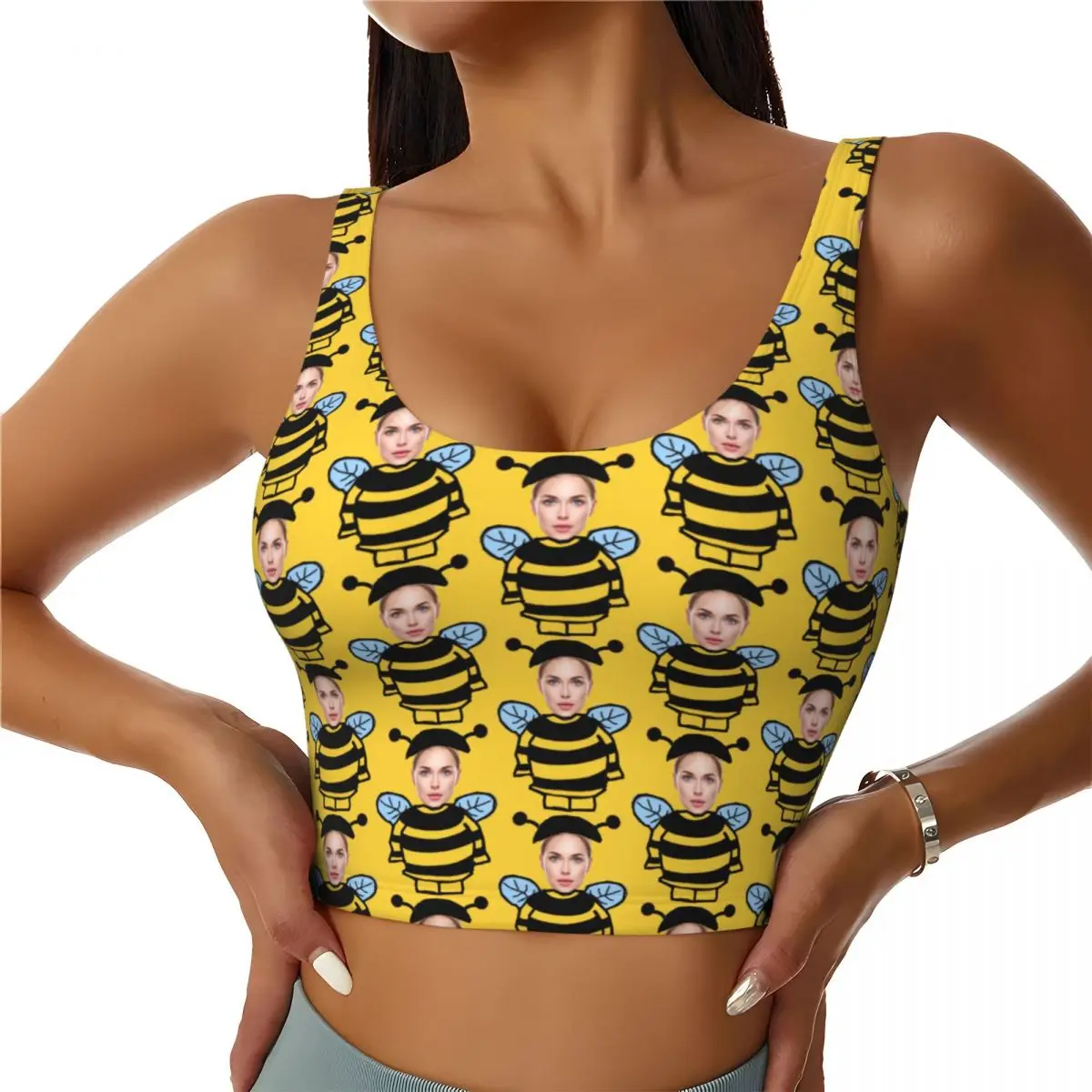 

Custom Personalized Face Photo Funny Bee High Impact Sports Bras Women Seamless Workout Yoga Crop Tank Tops