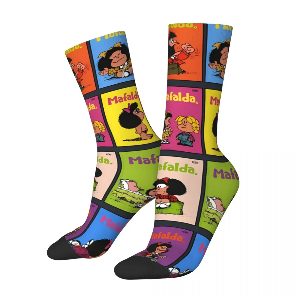 Funny Men\'s Socks Poster Retro Mafalda Cartoon Hip Hop Casual Crew Sock Gift Pattern Printed