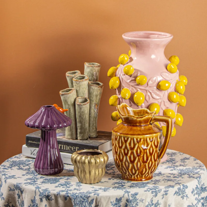 

One of A Kind Handmade Vintage New Year Home Festival Decor Ceramic Yellow Lemon Fruit Shape Vase for Table Decoration