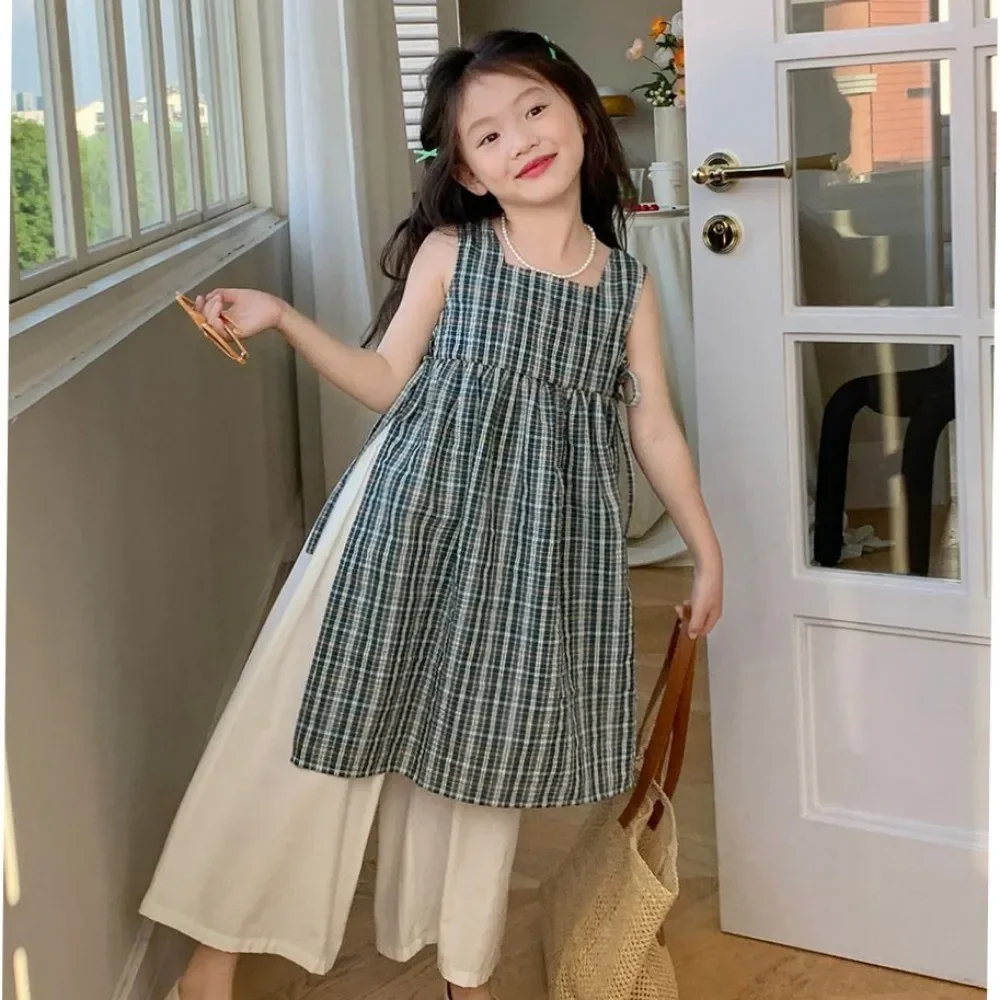 Koreanischen Stil Mädchen Set Modische Karierte Gedruckt Kinder Kleidung Sommer Blau Ärmelloses Top + Weiß Breite Bein Hosen