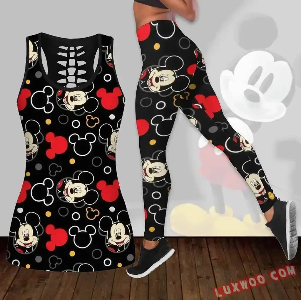 New Disney Minnie Women's Hollow Vest Leggings Yoga Suit Fitness Leggings Sports Suit Disney Tank Top Legging Set Outfit