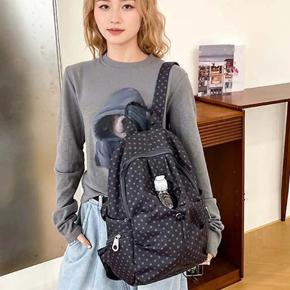 

Anti-splash Water Polka Dot Nylon Backpack Lightweight Drawstring Student School Bag Spacious Multi-Pocket Travel Daypack