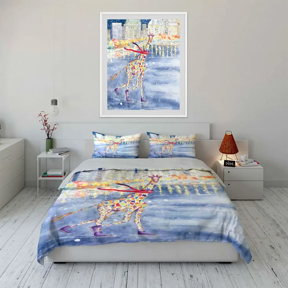 Colorful Giraffe Ice Skating Set Soft Comfortable Duvet Cover Bedding Set Included 1*Duvet Cover & 2*Pillowcases, gift