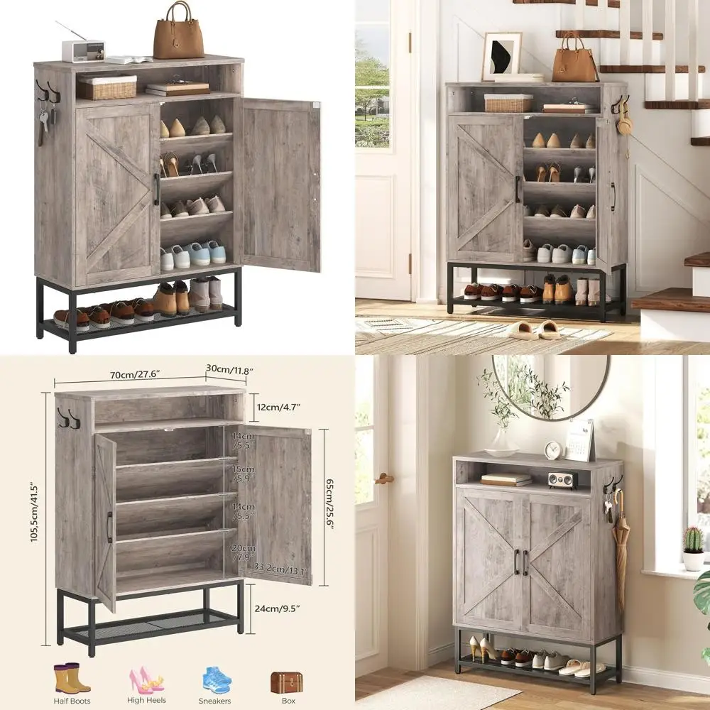 

6-уровневый шкаф для обуви в стиле фермерского дома с дверцами, узкий отдельно стоящий органайзер для обуви в прихожую, цвет серо-бежевый