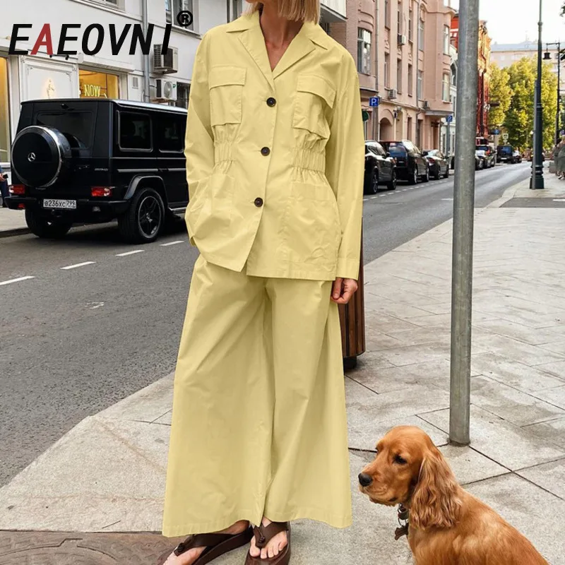 

EAEOVNI Fashion Yellow Two Piece Set Women Lapel Folds Button Jacket Coat + Wide Leg Pants Casual 2025 Autumn New Clothing