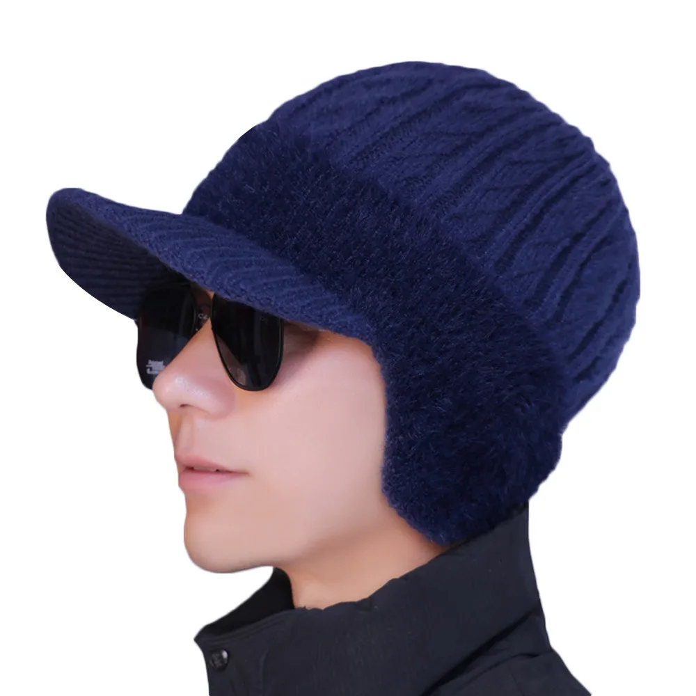 

Outdoors Warm Men Knitted Hat Thick Windproof Peaked Cap Ear Protection Casual Bomber Hat