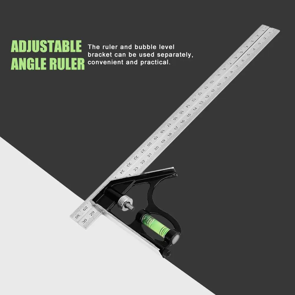 300mm Adjustable Combination Square Angle Ruler 45 90 Degree with Bubble Level Stainless Steel Tool for Precise Measurements