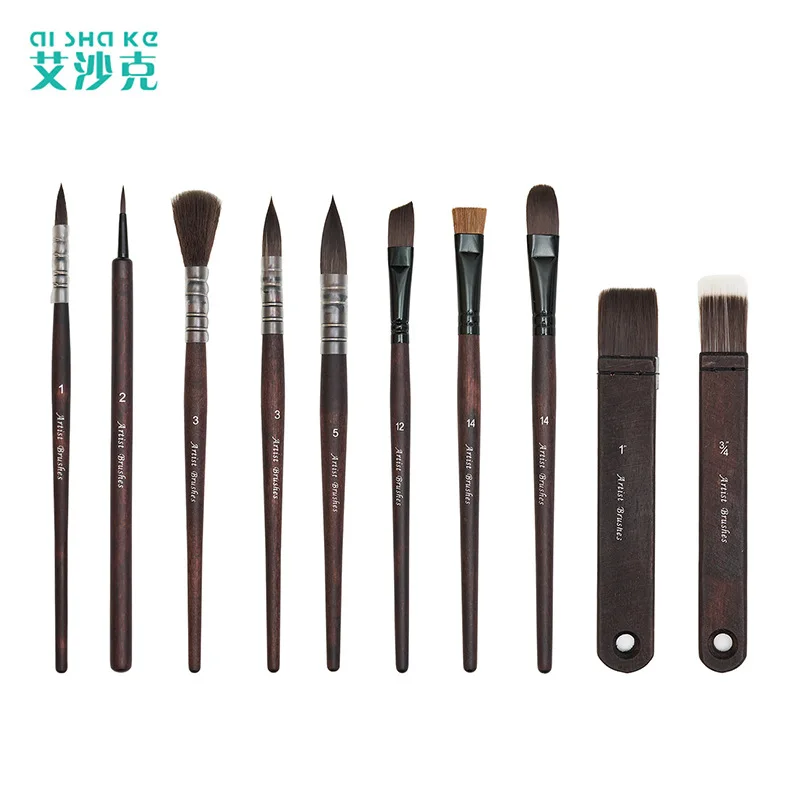10 Piece Nylon Watercolor Brush Set, Multi Purpose Artist Paint Brushes for Watercolor, Gouache and Acrylic Painting, Wood