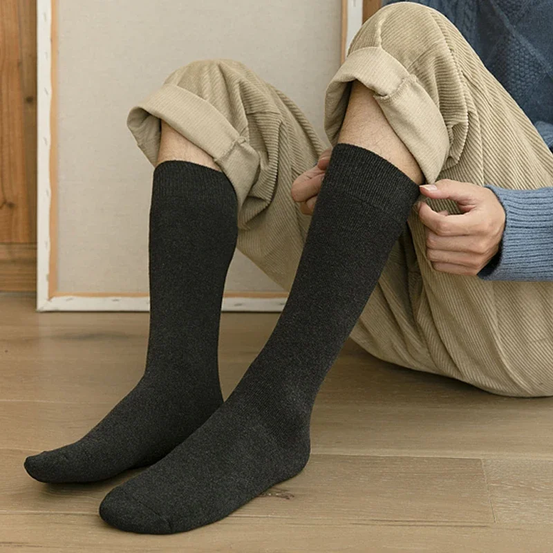 Men's Warm Socks Winter Thick Thermal Knee High Long Snow Cold Compression Stockings Leg Cover Calf Black Terry Socks Male Pack