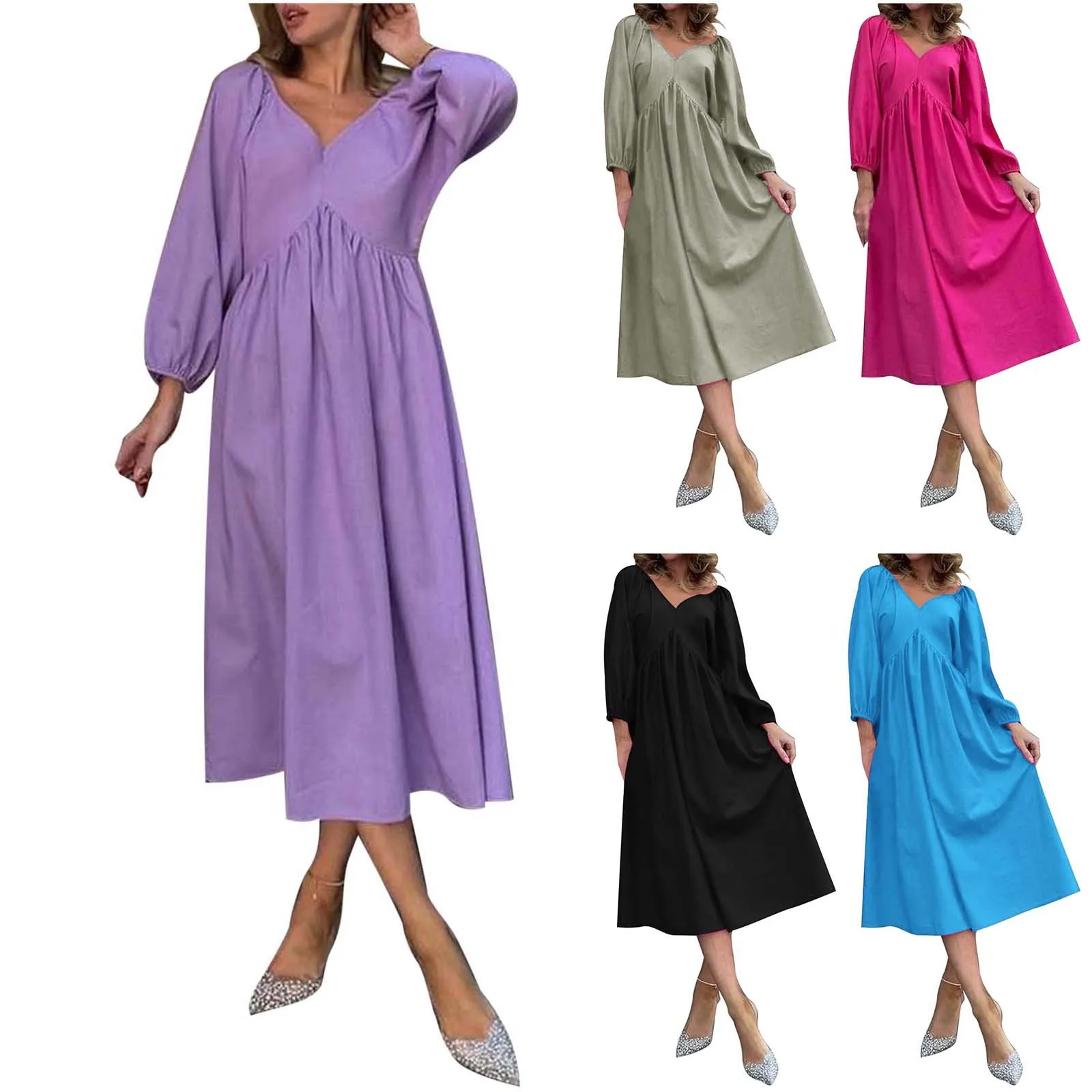 Vintage Kleid für Frauen Musselin Baumwolle sexy V-Ausschnitt Langarm lässig lose Maxi Urlaub Party Strand Boho Sommerkleid Vestidos 2024