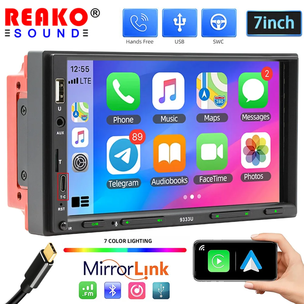 

REAKOSOUND 2 Din Autoradio Car Radio USB TF FM BT Type-C Carplay Android Auto Audio 7 inch Touch Screen MP5 Multimedia Player