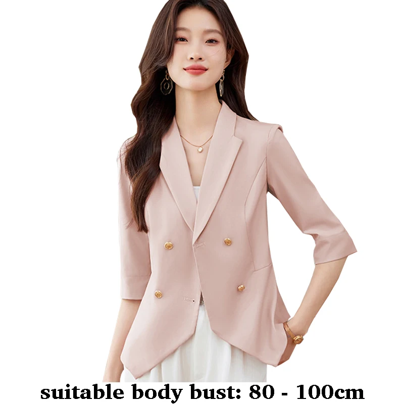 

High quality slim blazer for women half sleeve double breasted jacket spring summer 2026 elegant office clothes pink beige