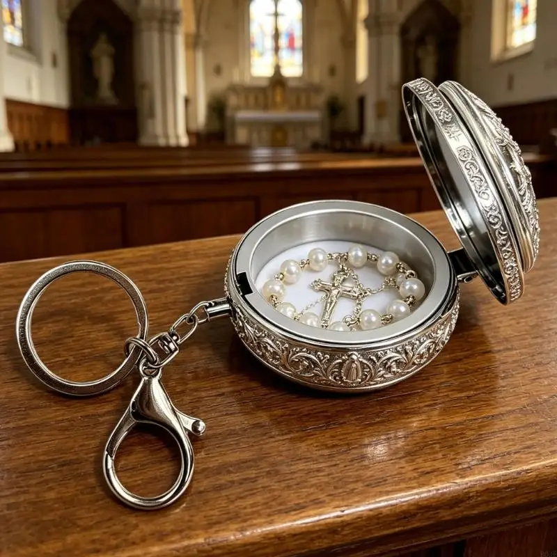 Rosary Jewelry Box with Keychain Metal Religious Trinket Box Catholic Christian Roman Rosary Keepsakes Case Gift Unisex B03E