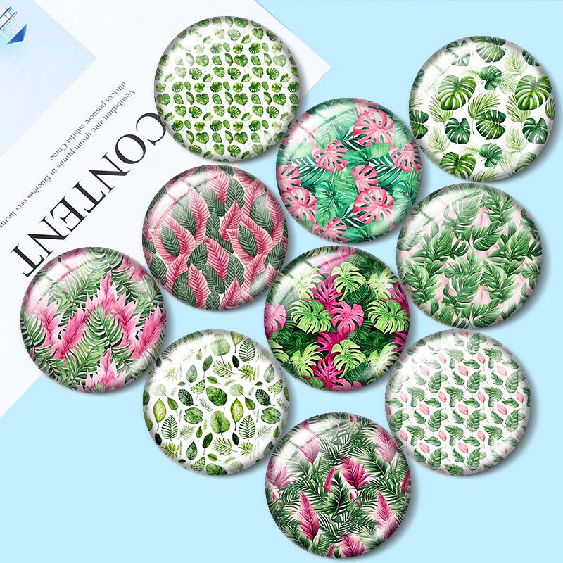 

Watercolor tropical leaves 10pcs 12mm/25mm/30mm Round photo glass cabochon demo flat backMaking findings