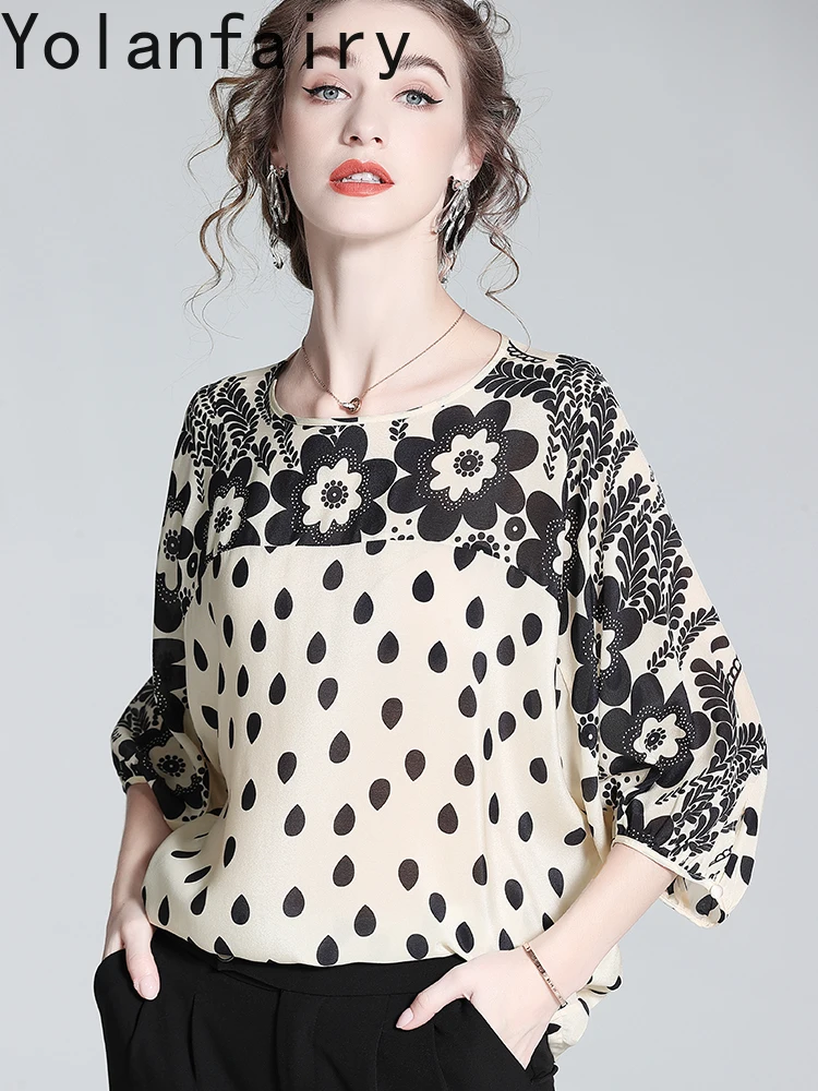 YOLANFAIRY 100% Real Mulberry Silk T Shirts for Woman Summer High-end Loose Tee Shirt Femme Bat Sleeve Womens Top Ropa De Mujer
