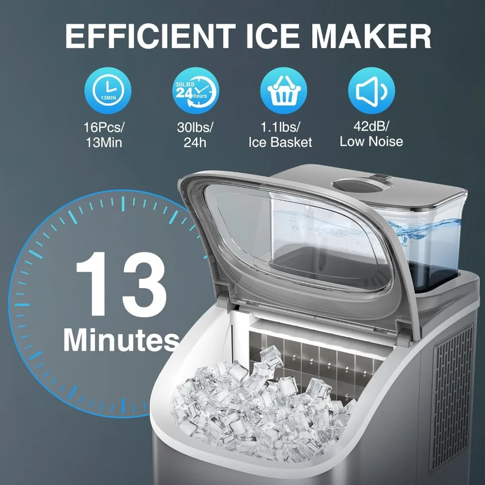 Ice Maker with Top External Water Tank and Self-Cleaning Function, 16 Pcs Ices Cube/13 Mins, Scoop and Basket, Ice Machine