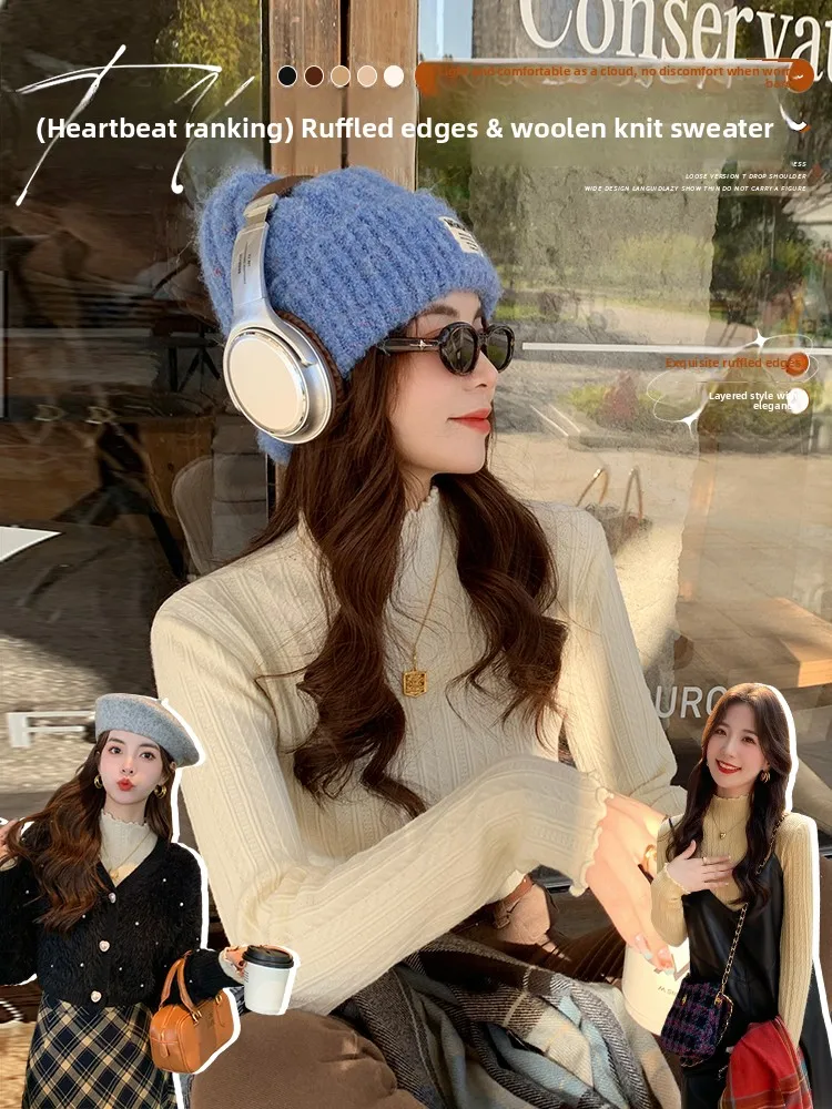 White Knitted Base Layer Shirt Women's Spring Autumn Winter Inner Wear Half High Collar Wooden  Bordered Knitwear