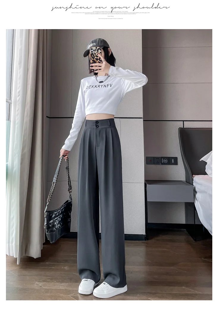 Frauen Lose Frühling Sommer 2024, Neue Hohe Taille Breite Beine Dünne Beiläufige Hosen Koreanische Mode-Trend Weiblichen Anzug Gerade Hosen – Detail 24
