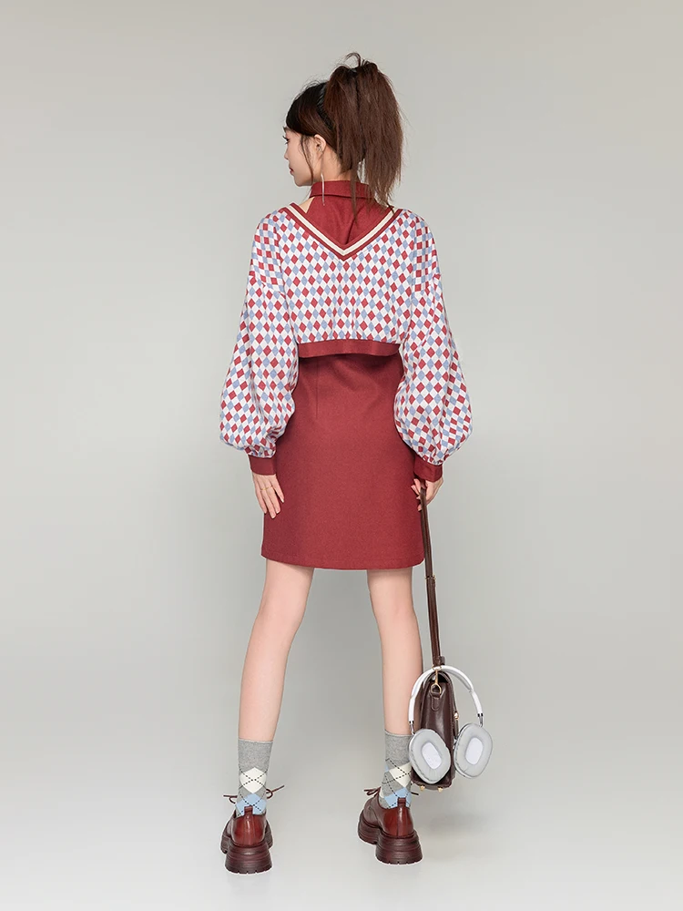 2024 Spring Summer Fashionable Single Row Button Dress Two-Piece Sets Women Color Plaid Short Top Sleeveless Lapel Halter Dress
