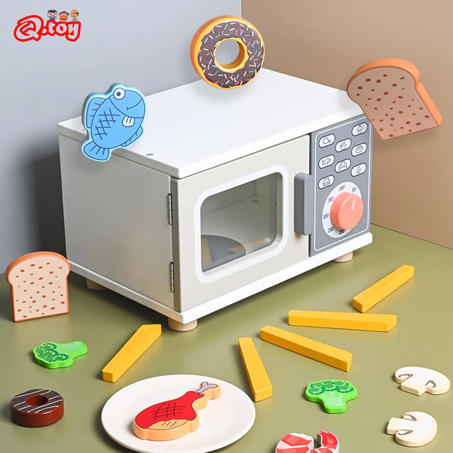 Children Wooden Pretend Play Microwave Oven Set Simulation Kitchen Food Game Learning Educational Montessori Toys for Kids Gift