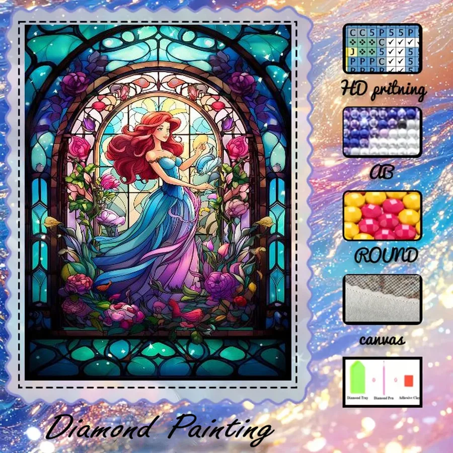 1 Stück - Potdemiel-5D-DIY - Beflockter Stoff - Spezialbohrer - Diamantmalerei-Set - Prinzessin, farbiges Fenster - Diamantkunst