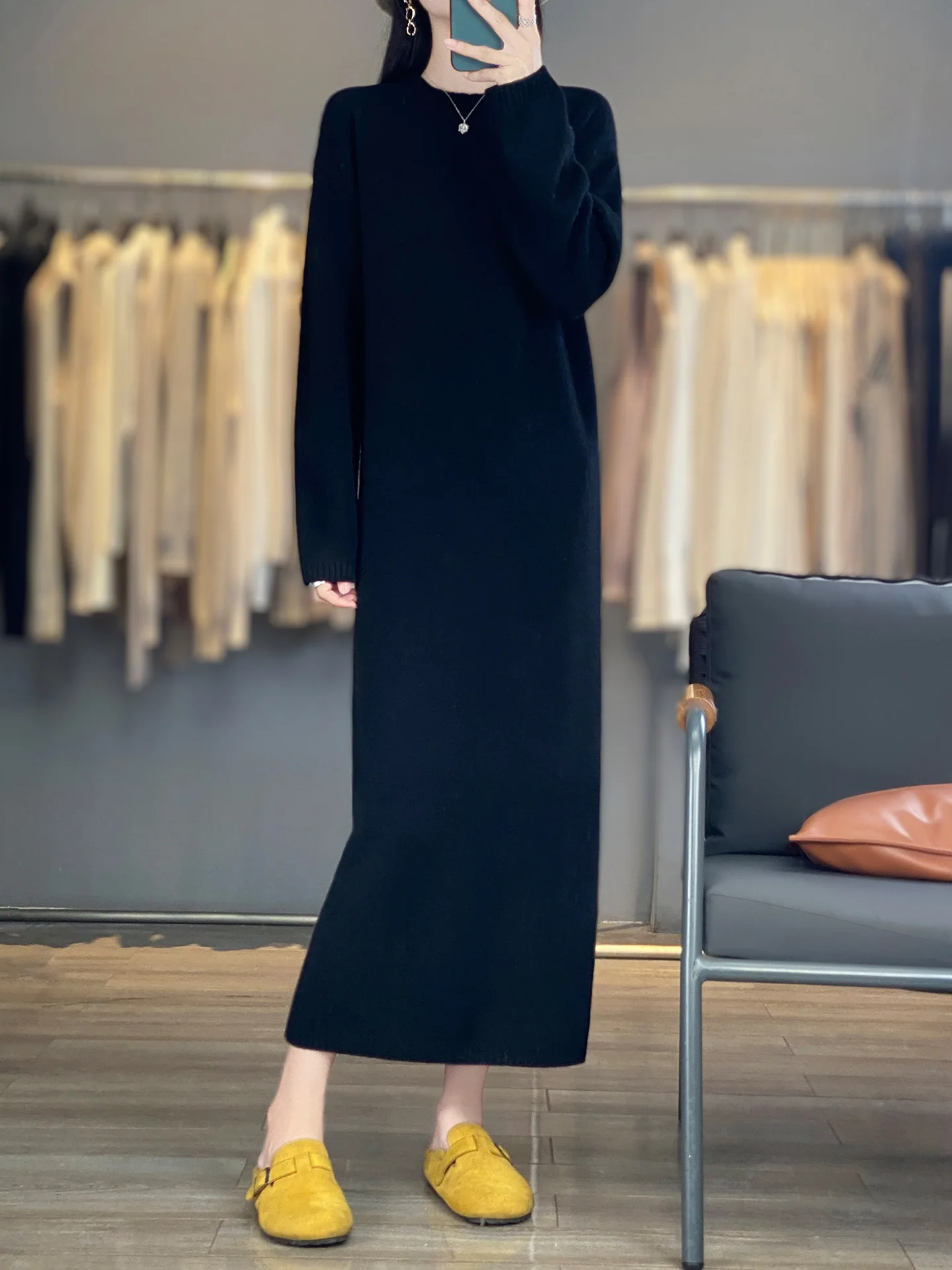 

Warm Soft Women's Elegant Long Sleeves Pullover Dress Casual Loose Autumn Winter O-Neck 100% Merino Wool Knitted Sweater Solid