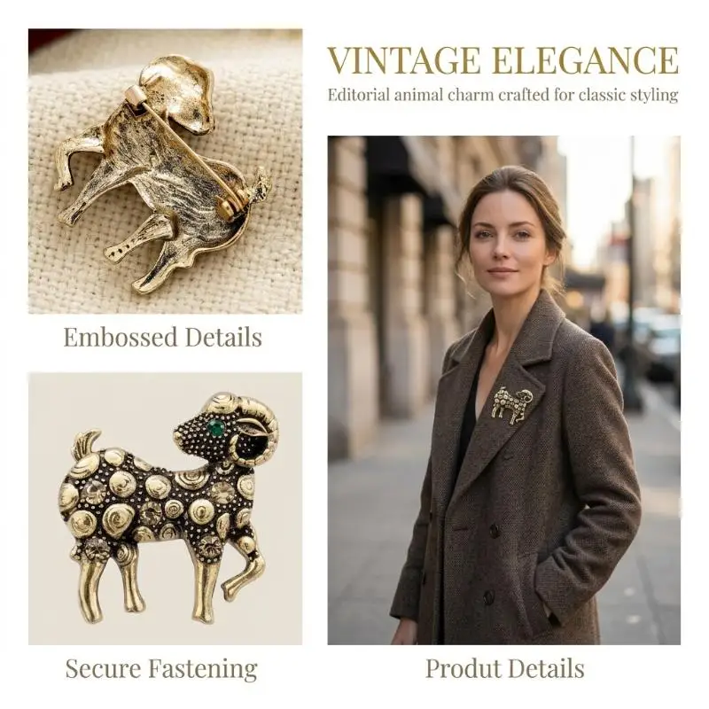Vintage Openwork Rhinestone Zodiac Goat Brooches For Women Unisex Animal Pins Casual Party Jewelry Accessories Gifts