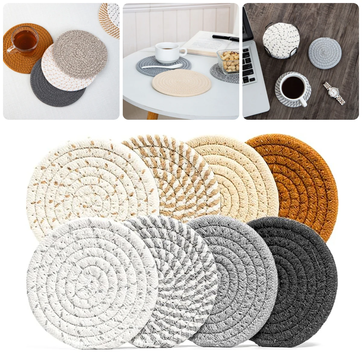 1 conjunto de 4/8 pçs corda de algodão tecido placemats coaster artesanato simples coaster cozinha caçarola esteira moderna simples almofada de isolamento