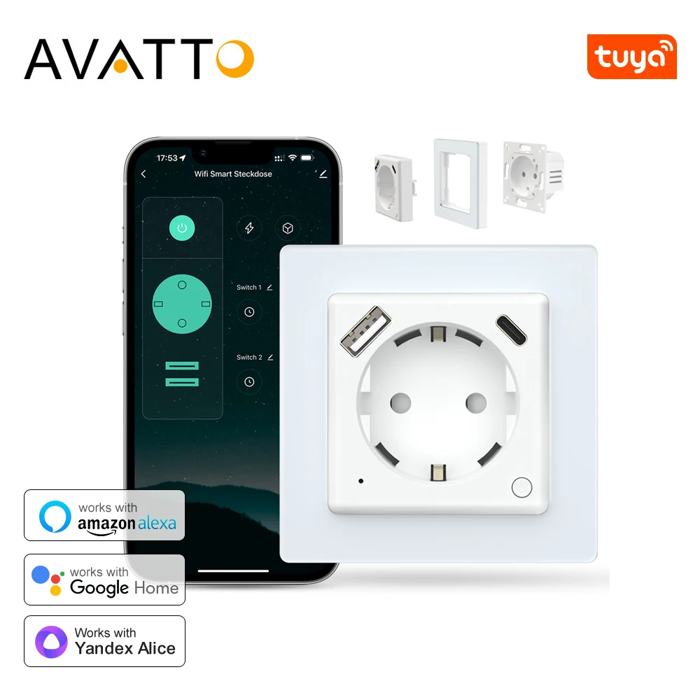 

AVATTO Tuya WiFi Smart Wall Socket PD20W With USB/Type-C Fast Charge Plug Energy Monitor Socket Works with Alexa Google Home