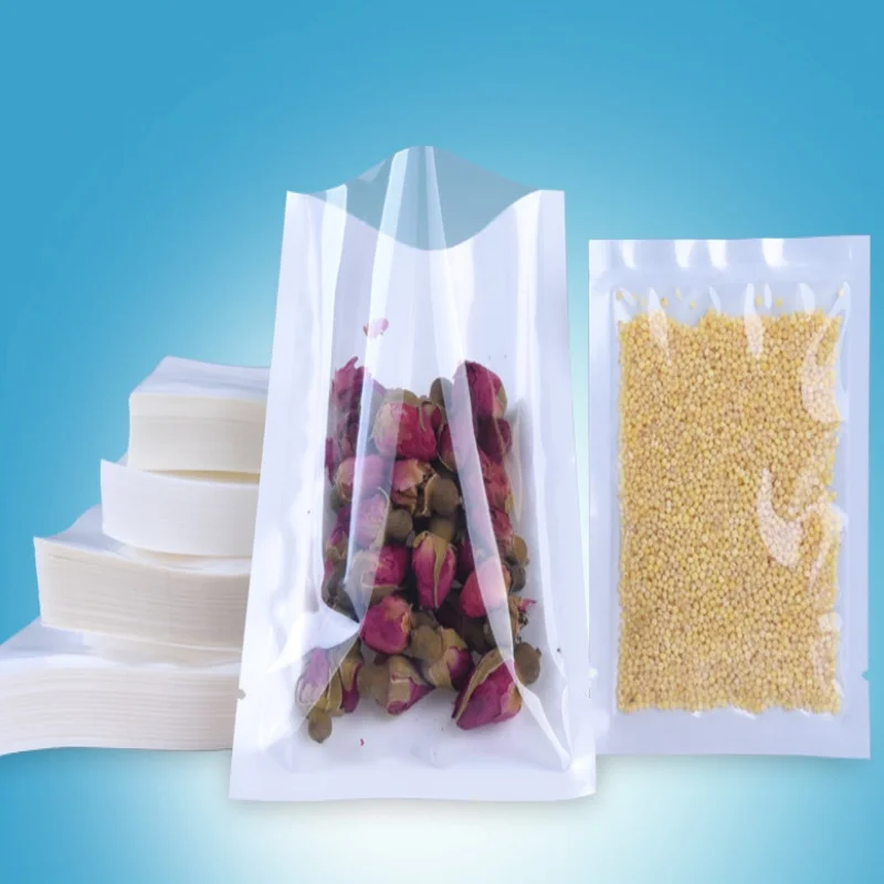 

100PCS Open Top Pearl White Plastic Packaging Bag Clear Front Biscuit Bakery Beaf Snack Chocolate Sugar Tea Heat Sealing Pouches