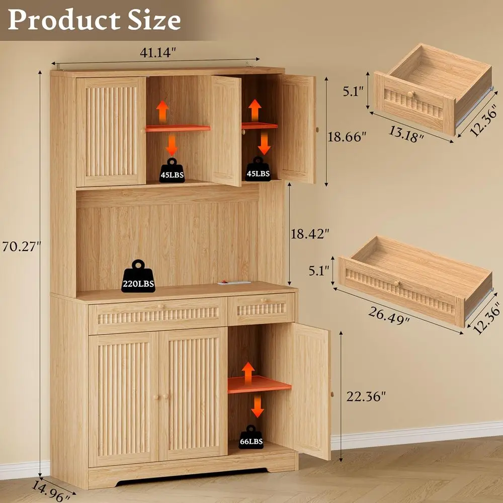 Pantry Cabinet with Charging Station and Light, Tall Kitchen Pantry Storage Cabinet with Microwave Stand, Wide luted Kitchen Hut