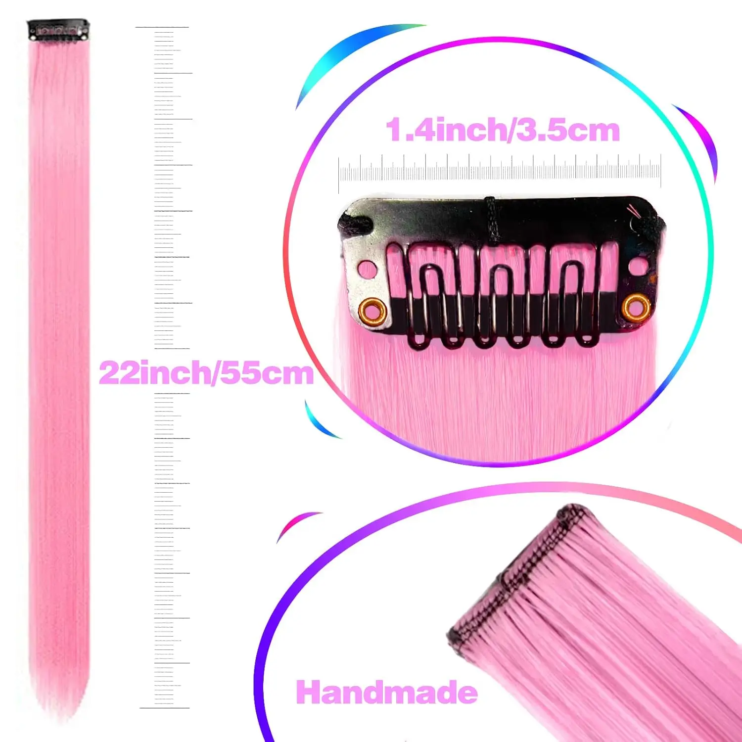 12 PCS Synthetic Hairpiece Black Hair Extensions Clip in, Colored Party Highlights Extension for Girls Women Straight 22 inch