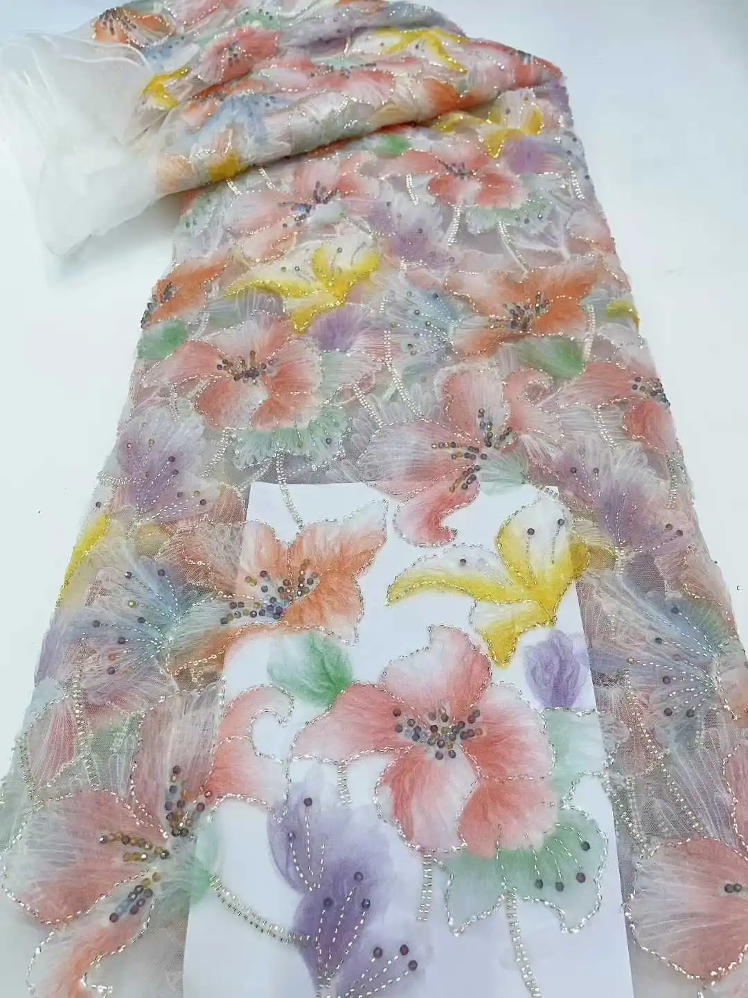 

Latest 3D Flower Embroidery Beads Sequins African Lace Fabric 5 yards High Quality Nigerian Women Wedding French Material 2025