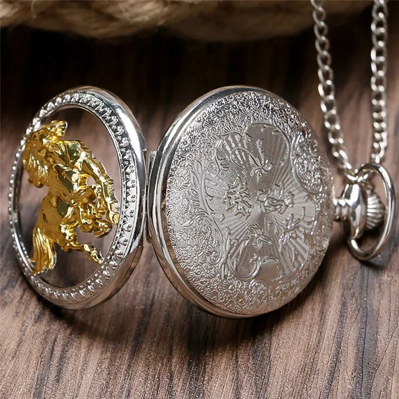 Silver Hollow Golden Horse Chinese Style Zodiac Men Women Quartz Analog Pocket Watch Sweater Necklace Chain Vintage Gift Clock