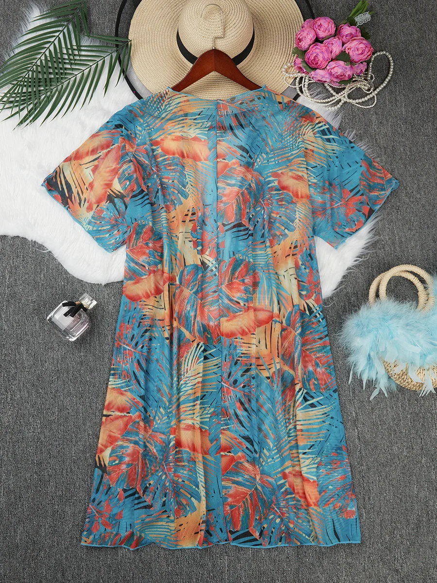 2024 Large Plus Size Print Beach Cover Up Short Sleeve One Piece Kimono Women Swimwear Female Bathing Suit Beachwear Swimming