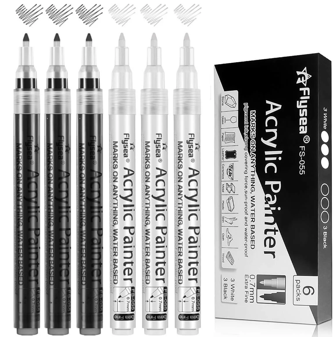 

6Pcs Black White Gold Silvery Acrylic Paint Pens, Acrylic Paint Markers 0.7 mm Extra Fine,3 mm Medium Tip,Waterproof Paint Pens