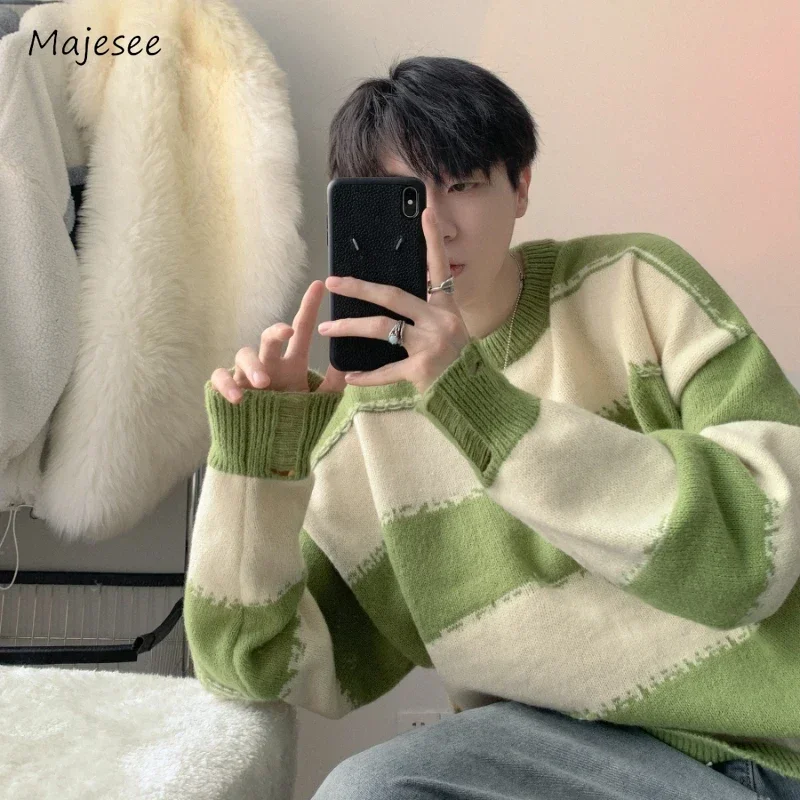 Pullovers Men Casual Daily Loose Round Neck Spring Autumn Spliced All-match Striped Knitwear Hong Kong Style Teenagers Fashion